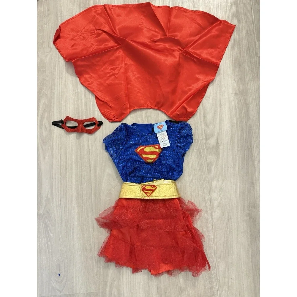 Supergirl Costume Kits Sparkle Tutu Halloween Dress Belt Mask Cape Size 8-10 M